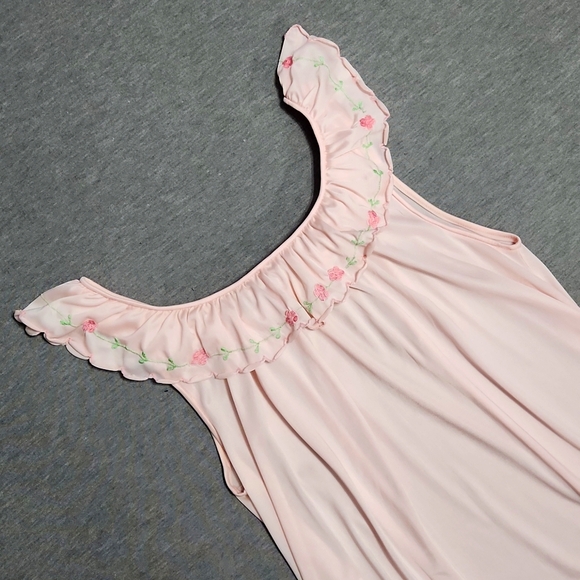 Vintage Ruffle Satin Floral Embroidered Lingerie Chemise Nightgown Slip Dress - Picture 4 of 10